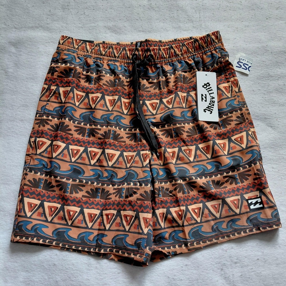 Billabong Swim Tribal Volley Shorts Mens Small Brown Geometric Trunks Beach NWT